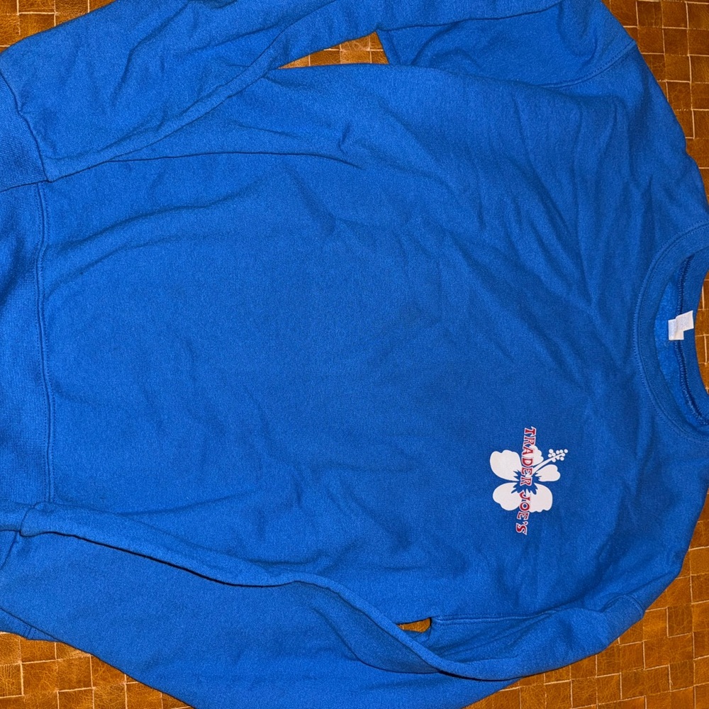 Bright Royal Blue Crewneck Sweatshirt with Trader Joe’s flower Graphic